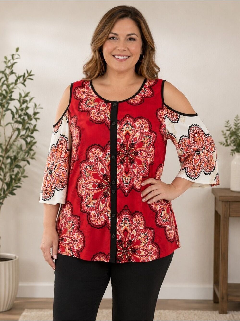 Chico's XL Cold Shoulder Medallion Print Top Red Black Boho Chic XL/16